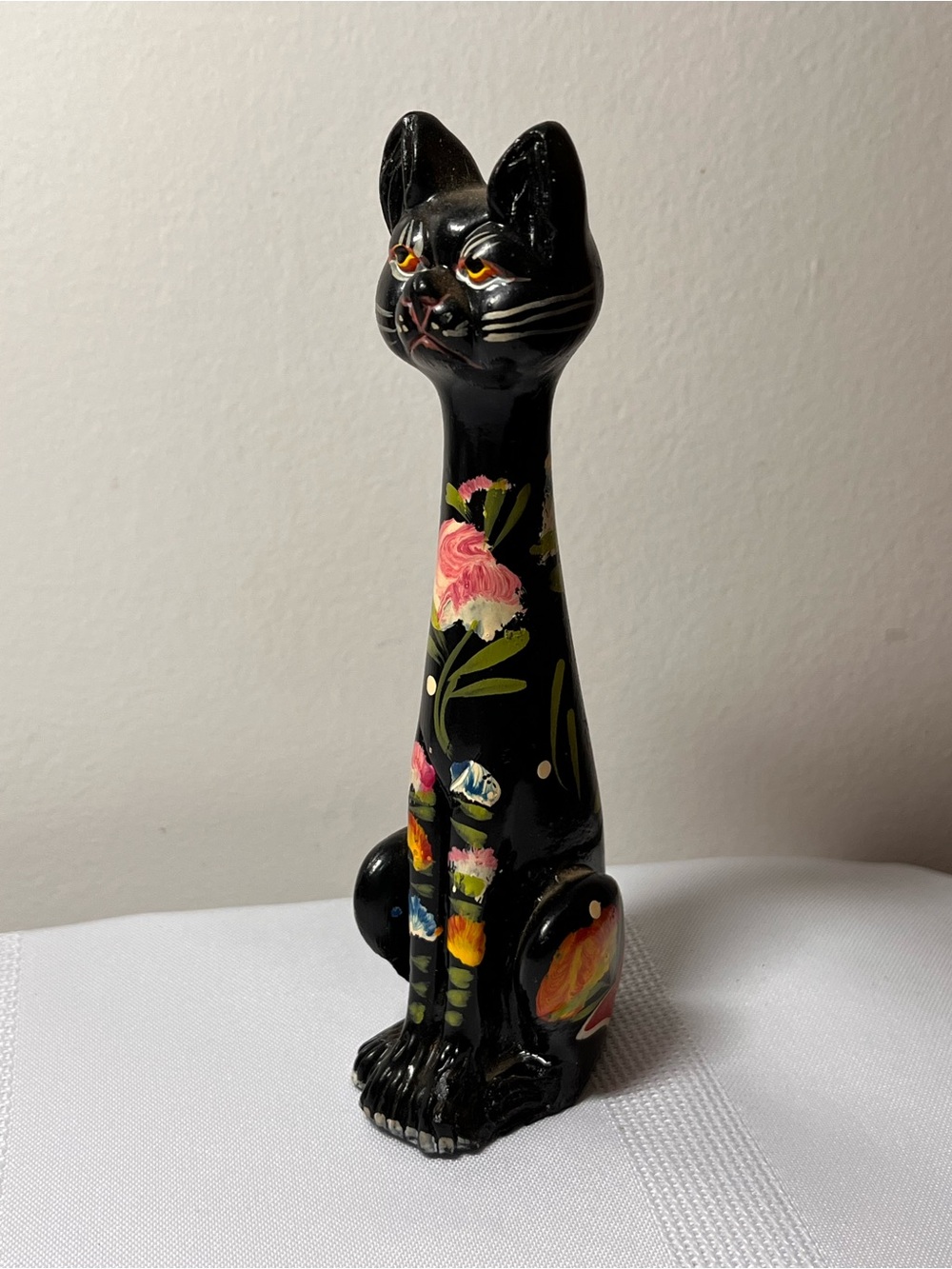 Vintage Hand-Painted Black Floral Cat Figurine